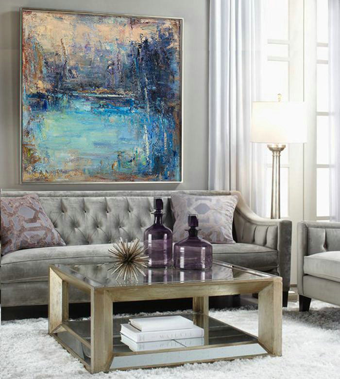 Large Abstract Art,Abstract Landscape Oil Painting,Large Oil Canvas Art,Yellow.Blue,Purple